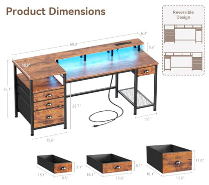 Furologee 60" Computer Desk with 4 Drawers, Power Outlet, LED, Rustic Brown - color: Rustic Brown, size: 60 Inch