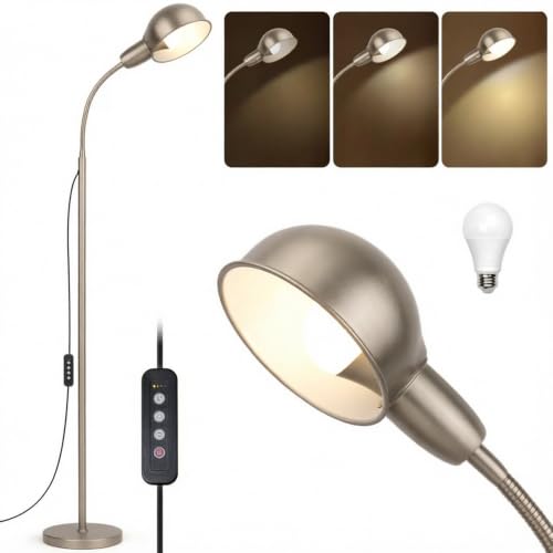 Nickel Floor Lamp with Flexible Gooseneck and Rotatable Shade，Standing Lamp include Dimmer LED Bulb，Ideal Tall Lamp with Dimmer and Timer Switch for Reading,Bedside and Living Room (Nickel Satin) - color: Nickel Satin