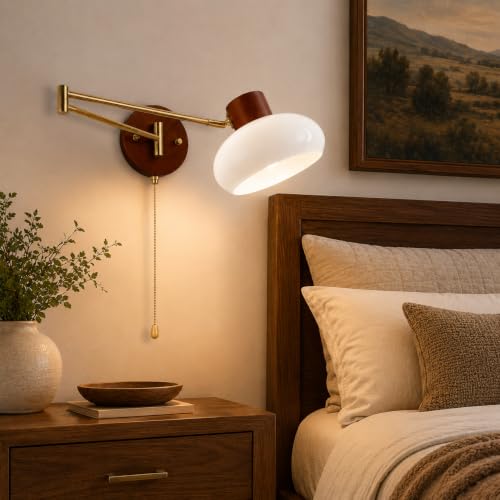 KCO Gold Swing Arm Wall Sconce with Pull Chain 7.9” Milk Glass Reading Lamp - color: 20cm White