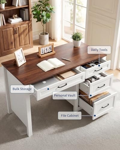Garvee Brown Farmhouse Executive Desk with File Cabinet & Storage Drawers, Space-Saving Small Home Office Desk for Bedroom - color: Brown