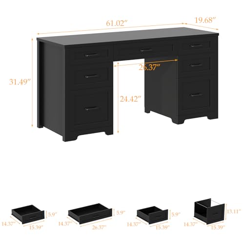 Vabches Home Office Desk with 7 Drawers, Pure Black. | Farmhouse 61'' Rustic Office Desk Computer Table with File Drawers, Wood Workstation for Home Office and Study. - color: 61in Pure Black