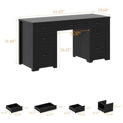 Vabches Home Office Desk with 7 Drawers, Pure Black. | Farmhouse 61'' Rustic Office Desk Computer Table with File Drawers, Wood Workstation for Home Office and Study. - color: 61in Pure Black