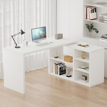 HSH White L Shaped Desk with Storage, Home Office Desk for Work, 55 Inch - color: White Oak