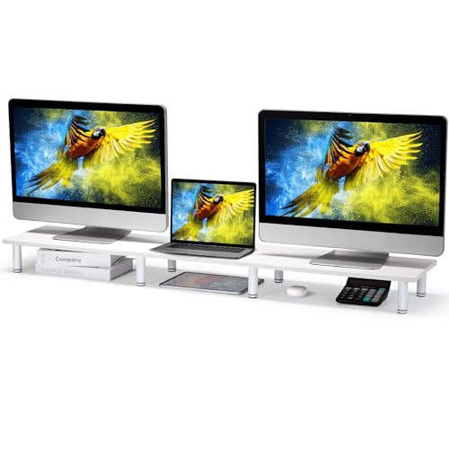 La Jaco 47 Inch Extra-Long Dual Monitor Stand Riser for 2 Monitors, Desk Shelf TV Riser Blocks, Wood and Steel Desktop Riser for Computer, Laptop, Printer, Home Office Organization, White