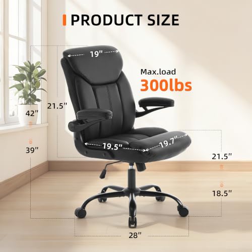 Ergonomic Home Office Chair PU Leather Comfy Computer Chair, Black | Flip-up Armrest, Height Adjustable, Lumbar Support, 360° Swivel Wheels Managerial Executive Chairs for Work Gaming Home Use - color: Black
