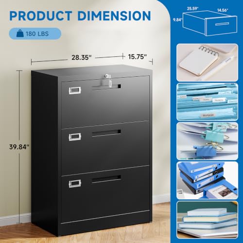 BYNSOE Lateral File Cabinet with Lock,Metal Filing Cabinet with 3 Drawer,Steel Lateral File Cabinet for Legal/Letter A4 Size,Wide File Cabinet for Office Home,Assembly Required - color: Black, size: 3 Drawers
