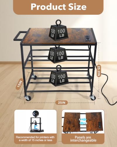 3D Printer Stand with Filament Storage, Heavy Duty Rolling Printer Cart on Wheels with Built-in Power Outlet, Small 3D Printer Table for Organizer Filament Spools, Workshop Office Garage Studios,Brown
