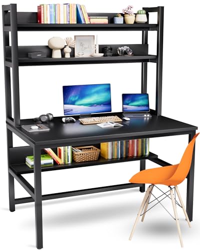 Aquzee Computer Desk with Hutch and Bookshelves, Large Leg Room 47 inch Width Black Desk with Space Saving Storage Shelves for Home Office,Study, Work, Easy Assemble - color: Black, size: 47inch