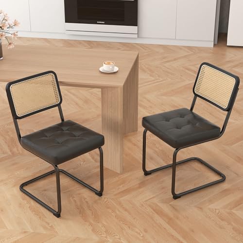 KCC Modern Dining Chairs Set of 2, Faux Leather Rattan Chair,Black | Mid Century Kitchen Side Chairs with Metal Legs and Upholstered Seat for Dining Room,Living Room,Bedroom - color: Black, size: Set of 2