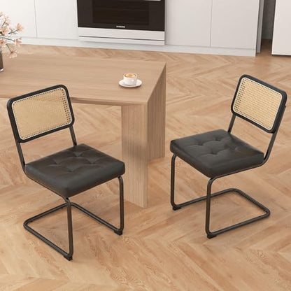 KCC Modern Dining Chairs Set of 2, Faux Leather Rattan Chair,Black | Mid Century Kitchen Side Chairs with Metal Legs and Upholstered Seat for Dining Room,Living Room,Bedroom - color: Black, size: Set of 2