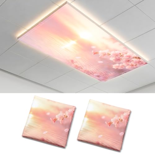 2 Pack Sunset Cherry Blossom Decorative Ceiling Light Covers, Magnetic 4x2 Ft Fluorescent or LED Panel Filter, Anti-Glare Eye Protection for Classroom Office - color: Flower (2)