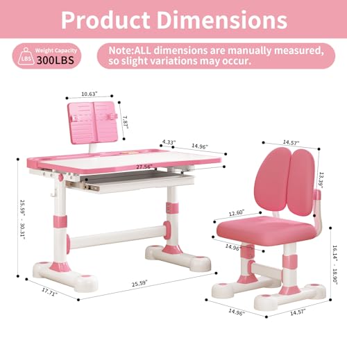 Kids Adjustable Desk and Chair Set 3-12, Children School Study Desk-11PINK | Height Adjustable | 50° Tilt Desktop | Book Stand & Metal Hook & Storage Drawer | Writing Drawing Table for Boys and Girls - color: 110-pink-27.5in