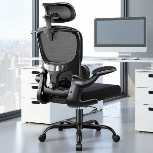 ALLGOD Ergonomic Office Chair, Mesh Home Desk Chair with Lumbar Support | Comfortable Computer Gaming Chair with 90° Flip-Up Armrests, Adjustabel Headrest, 45° Rocking Function, 300 LBS Black - color: Black(hot), size: 1 Pack