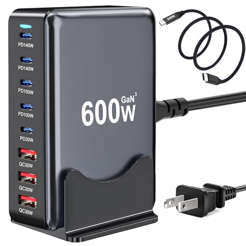 600W USB C Charger Block, Multi-port Fast USB Charging Station Dual PD 140W GaN Ⅲ Charging Station For Multiple Devices, Laptop Charger Adapter Compatible with MacBook, DELL, iPad, iPhone, Samsung etc - color: Black-600W
