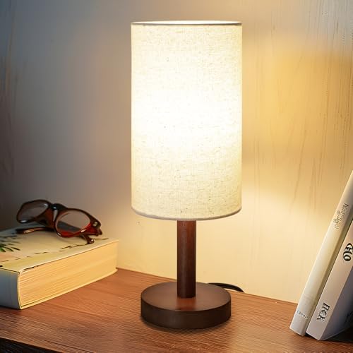 LALISU Small Table Lamp，Nightstand Lamp Wood Base Bedside Lamp Plug in - color: Black-Walnut Wood