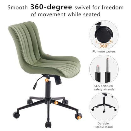 YOUNIKE Office Desk Chair with Wheels Armless Vanity Chair Modern Tan | Faux Leather Upholstered with Rocking Back, Swivel Height Adjustable Small Cute Computer Rolling Task Chair Ergonomic 300lb - color: Olive Green, size: Base Black