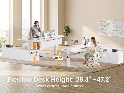SEDETA 71" Executive Large L Shaped Electric Standing Desk, White | Height Adjustable Executive Desk with 3 Drawers and Cabinet,Sit Stand Up Home Office Desk with Power Outlets & Side Hook - color: White