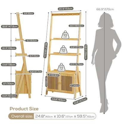 Bookshelf with Drawers, 4-Tier Bamboo Bookcase Ladder Shelf with 6 Hooks - color: 4-tier Natural