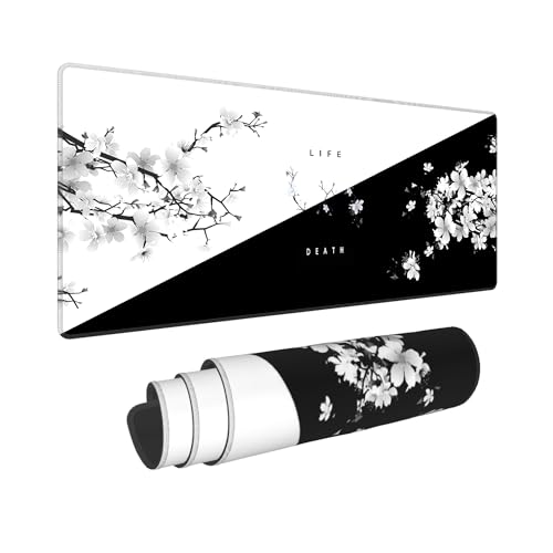 Black and White Gaming Mouse Pad,Large Life Death Desk Mat,31.5x12in | Extended Japanese Anime Cherry Blossom Mousepad with Stitched Edges,Washable Minimalist Keyboard Mat for Men,80x30 cm - color: White and Black