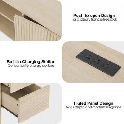 WAMPAT Fluted Executive Desk with Drawers, 58" Modern Home Office Computer Desk with Charging Station, Storage Shelves, Wooden Writing Desk for Home Office, Work Study Writing, Beige - color: Beige