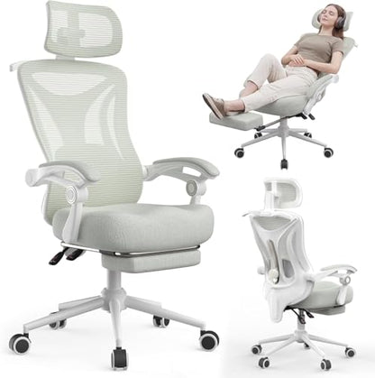 CYKOV Ergonomic Office Chair with Footrest - Adjustable Lumbar Support & Headrest, 90-135° Reclining Mesh Back Computer Chair - Home Office/Gaming, 350lbs Capacity - color: Light Grey