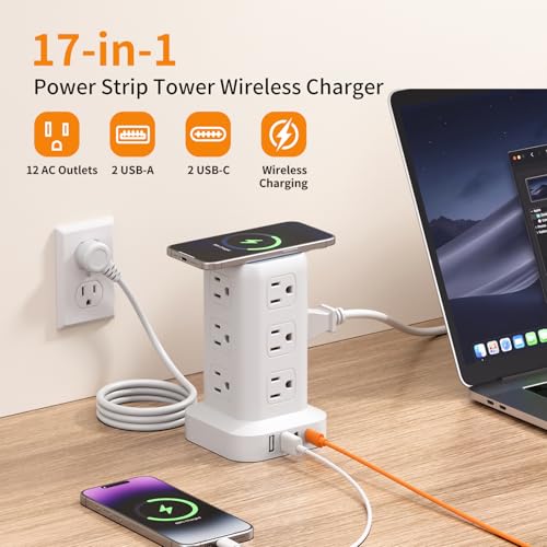 Extension Cord with Multiple Outlets, SMALLRT Power Strip Tower, 10FT Outlet Extender with 12 AC Outlets 4 USB, Power Strip with USB Ports for Home Office Dorm Room,Overload Protection - color: White, size: 10 Ft with wireless charging