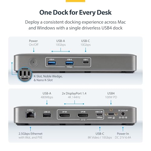 StarTech Driverless USB4 Dock, Dual 4K 144Hz for Mac and Windows, 100W