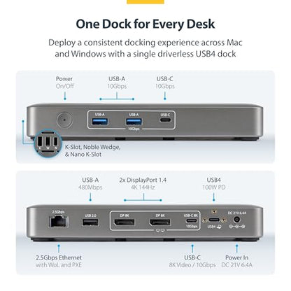 StarTech Driverless USB4 Dock, Dual 4K 144Hz for Mac and Windows, 100W