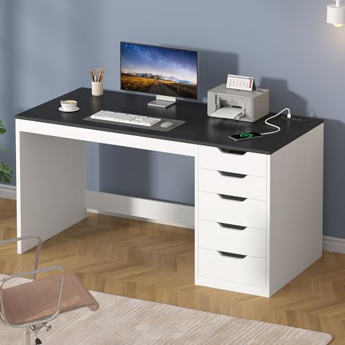 47 Inch Computer Desk with 5 Drawers and Power Outlets for Small Spaces - color: Black and White, size: 47inch-5drawers