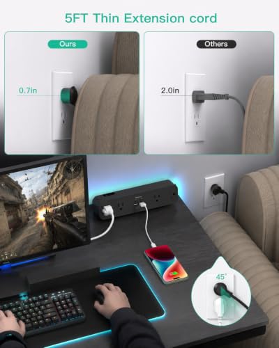 PD 40W USB C Desk Clamp Power Strip, 8-in-1 Desktop Mount Surge Protector with 4 AC Outlets 2 USB-C & 2 USB-A Ports, Fast Charging Station, 5Ft Extension Cord, Desk Edge Mount for Home Office, Black
