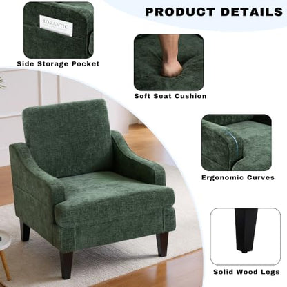 Set of 2 Accent Chair for Living Room,Mid-Century Arm Chair Chenille Fabric Living Room Chairs,Upholstered Reading Chair for Bedroom,Single Sofa Chair with Wood Legs for Apartment (Green) - color: Green