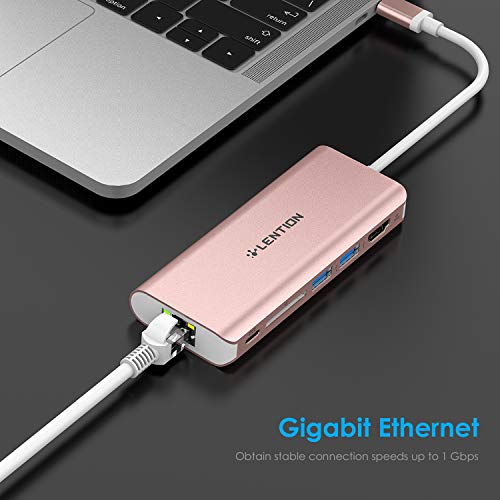 LENTION 6-in-1 USB-C Hub, 2 USB3.0, 4K@30Hz, Ethernet, Card Reader, 100W PD | Ideal for Work & Study, Stable Driver 3.0 Certified, Compatible with macOS, iOS/iPadOS, Windows & ChromeOS (C68, Rose Gold)