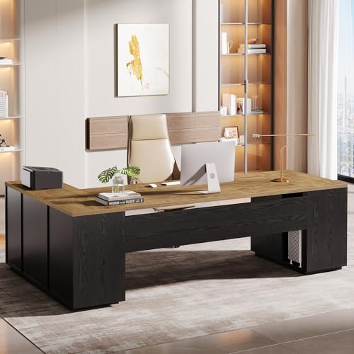 Tribesigns 85.8-Inch L-Shaped Executive Desk, Extra Large Home Office Desk - color: Light Brown & Black