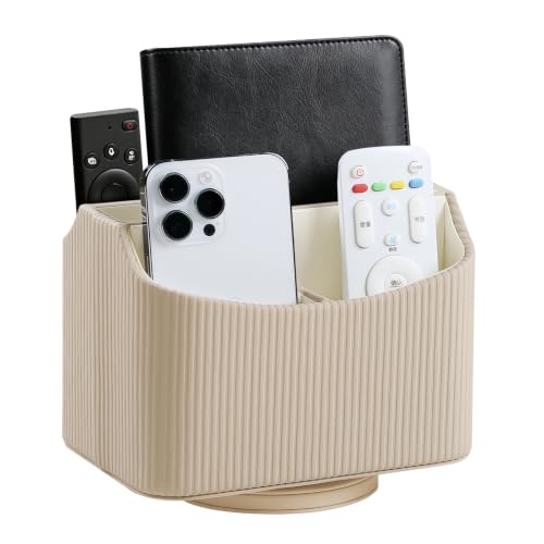 360° Rotating TV Remote Control Holder Desk Remote Organizer Beige | PU Leather 5 Compartments Remote Caddy, Spinnig Remote Organizer, Swivel Remote Holder for Nightstand Office Coffee Table - color: Beige