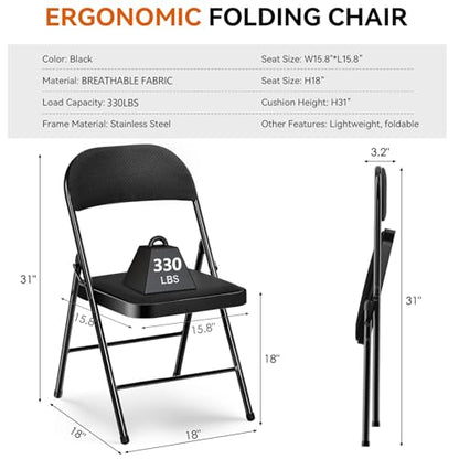Fenbeli 6 Pack Padded Folding Chairs with Cushion, Black Fabric Foldable Chairs for Holidays, Parties & Big Gatherings, 330-Pound Heavy-Duty Steel Frame, Auto-Lock Hinge, Breathable Cushion - color: Black, Fabric, size: Set of 6