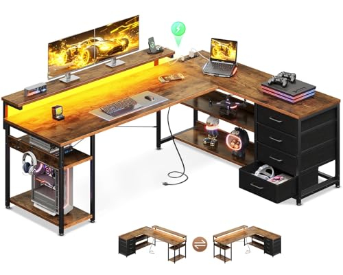 AODK 61 Inch L Shaped Computer Desk with 4 Drawers, LED Lights, Vintage - color: Vintage, size: 61 inches