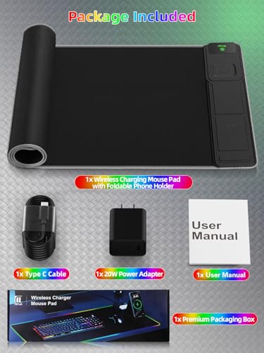 Mouse Pad with Foldable Phone Holder & Wireless Charger, XXL RGB Gaming Mousepad 31.5"x15.8" Large Desk Mat for Keyboard, Black Desk Pad with Dual Qi Charging Station | 11 Colors 5 Modes | Waterproof - color: 31.5x15.75"Phone Stand-Black Right w/PD Upgrad