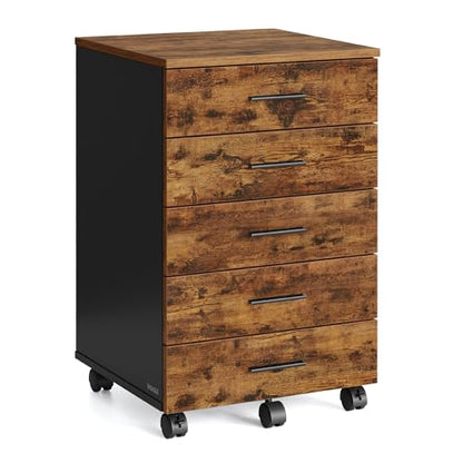 VASAGLE CUSTOS Collection - File Cabinet, Mobile Pedestal Filing Cabinet with Wheels, Printer Stand with 5 Drawers, Tool-Free Sliding Rails, for Study, Home Office, Rustic Brown UOFC081KD01S - color: Rustic Brown + Ink Black