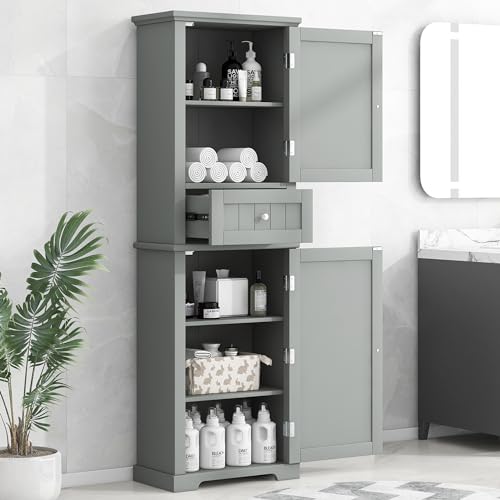 Tall Storage Cabinet, Bathroom Floor Freestanding Storage Cabinet with 2 Doors, One Drawer, and Adjustable Shelf for Bathroom, Office, Living Room, Grey - color: Grey/One Drawer