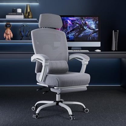 DUMOS Office Desk Chair with Footrest, Mesh Computer Gaming Chair | Ergonomic Lumbar Support, 360° Swivel, Rolling Wheels, Adjustable Headrest, Task Student, Elegant Grey - color: Elegant Grey, size: Standard