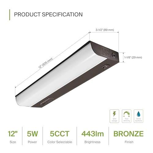 ASD LED Under Cabinet Lighting Hardwired, 12 Inch 5W 2700K-5000K Selectable, 442LM, CRI90+, Direct Wire Linkable Under Counter Lights for Kitchen, Dimmable Under Cabinet Lights, Bronze, UL Certified - color: 12 Inch Bronze, size: 1 Pack