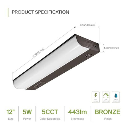 ASD LED Under Cabinet Lighting Hardwired, 12 Inch 5W 2700K-5000K Selectable, 442LM, CRI90+, Direct Wire Linkable Under Counter Lights for Kitchen, Dimmable Under Cabinet Lights, Bronze, UL Certified - color: 12 Inch Bronze, size: 1 Pack