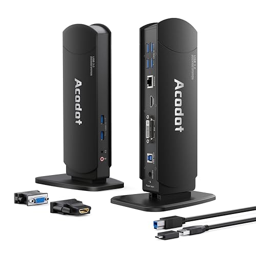 Acodot USB 3.0 Laptop Universal Docking Station Dual Monitor Dock for Windows/ Mac OS/ Surface Pro/ Surface Laptop, with Dual HDMI/ DVI/VGA, 6 USB 3.0 Ports, Gigabit Ethernet, Audio