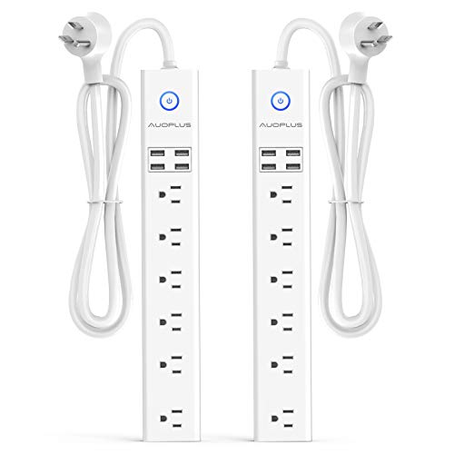 2 Pack Power Strip Surge Protector Flat Plug - 6 Widely Spaced Outlets 4 USB Charging Ports, 2100J/10A with 6Ft Long Extension Cord, Overload Surge Protection, Wall Mount for Home Office - color: White, size: 6FT