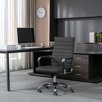 Home Office Chair Ribbed, Modern Leather Conference Room Chairs, Ergonomic Office Desk Chair, High Back Executive Computer Chair, Adjustable Swivel Chair with Arms (Black) - color: Black