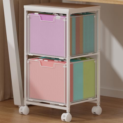 Rolling File Cart with 2 Storage Drawers,Under Desk Storage Cart,Hanging File Folder Organizer with Wheels, Filing Cabinet Mobile Printer Stand Utility Craft Cart for Home Office,White
