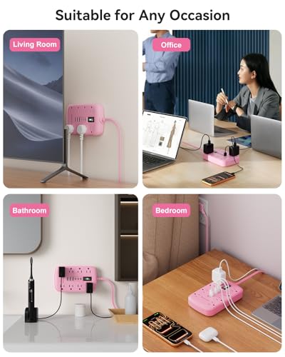 Pink Extension Cord with 6 USB(3 USB-C) 8 Outlets, Flat Plug Power Strip - size: 5 FT-Pink-Three Prong