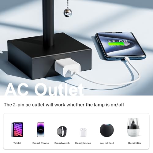 Bedside Lamp for Bedroom Set of 2 - Grey Table Lamp for Nightstand | AC Outlet, 3 Color Temperatures, LED Bulb Included, Pull Chain Design, 14" Rectangular Desk Lamp for Dorm/Office, 2-Pack - color: Grey & Black, size: 14.3In