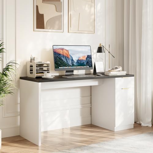Garvee Executive Desk with Drawer and Power Outlet | 61" Large Farmhouse Computer Desk Home Office Wood Executive Desk with Adjustable Shelf for Work Study Writing,White/Black - color: White-black