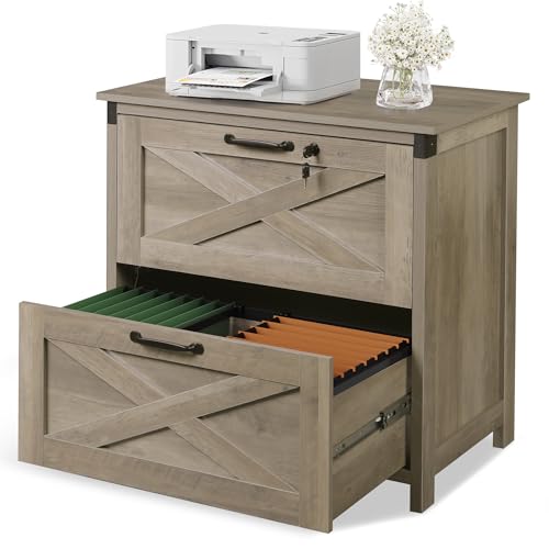 DEVAISE 2-Drawer Lateral File Cabinet with Lock, Gray Oak | Wood, Office Storage Cabinet, Letter, Legal & A4 Compatible, Farmhouse Style, Printer Stand, Home Office - color: Gray Oak